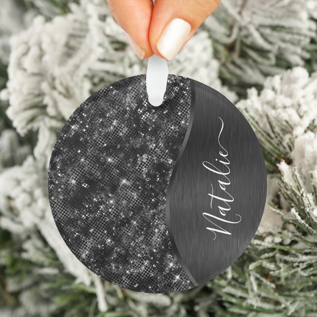 Metallic Black Glitter Personalized Ornament (Creator Uploaded)