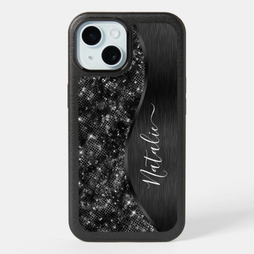 Metallic Black Glitter Personalized iPhone 15 Case