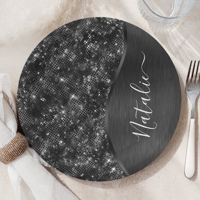 Metallic Black Glitter Personalized Paper Plates (Creator Uploaded)