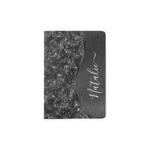 Metallic Black Glitter Personalized Passport Holder
