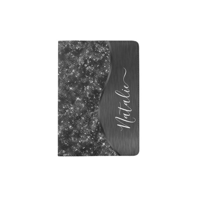 Metallic Black Glitter Personalized Passport Holder (Front)
