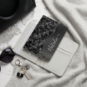 Metallic Black Glitter Personalized Passport Holder