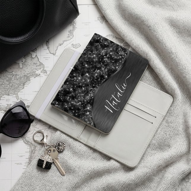 Metallic Black Glitter Personalized Passport Holder (Creator Uploaded)