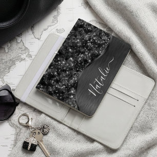 Metallic Black Glitter Personalized Passport Holder