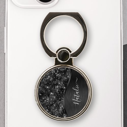 Metallic Black Glitter Personalized Phone Ring Stand