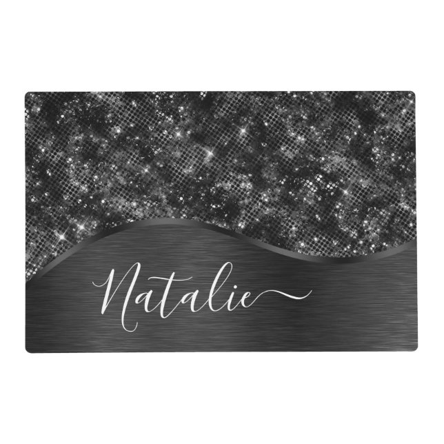 Metallic Black Glitter Personalized Placemat (Front)