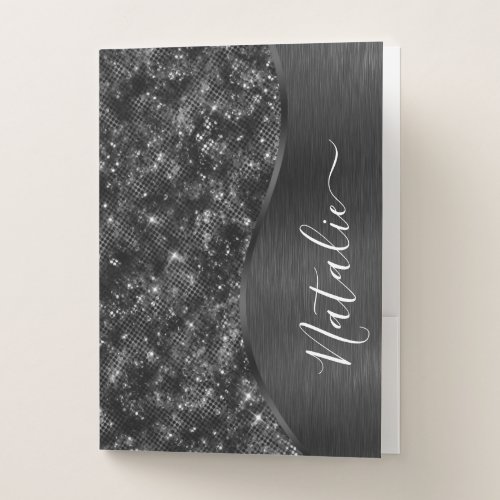 Metallic Black Glitter Personalized Pocket Folder