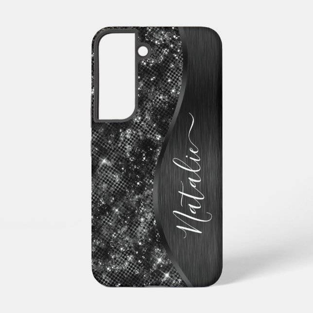 Metallic Black Glitter Personalized Samsung Galaxy Case (Back)