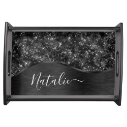 Metallic Black Glitter Personalized Serving Tray