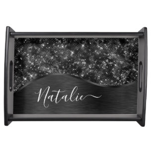 Metallic Black Glitter Personalized Serving Tray