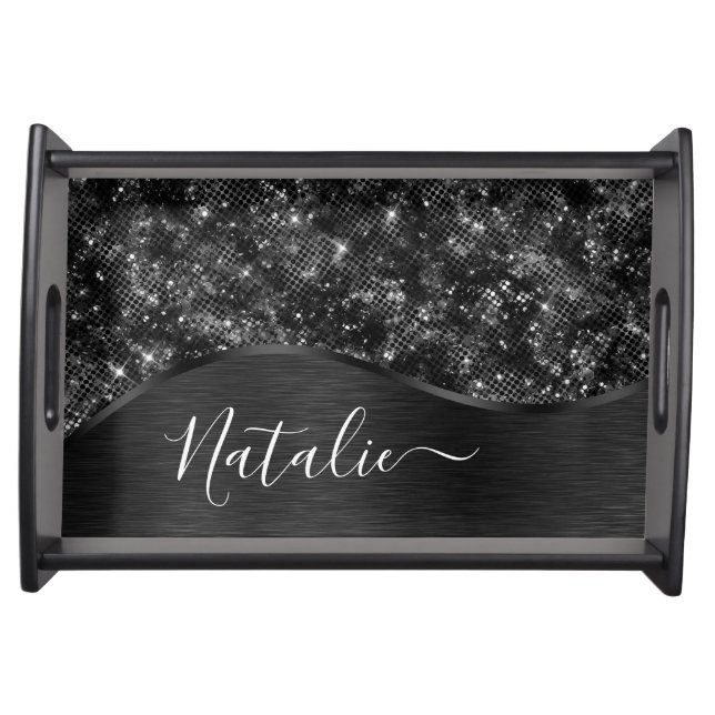 Metallic Black Glitter Personalized Serving Tray (Front)