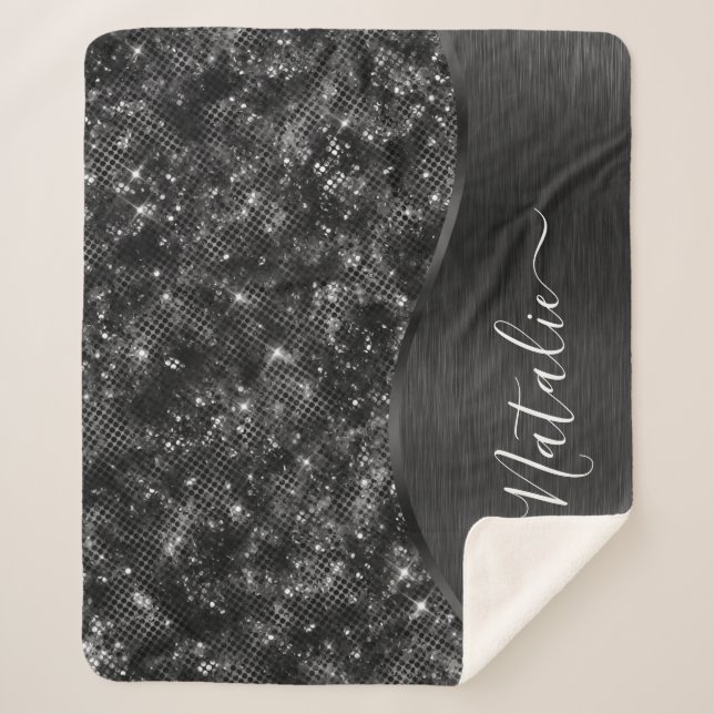 Metallic Black Glitter Personalized Sherpa Blanket (Front)