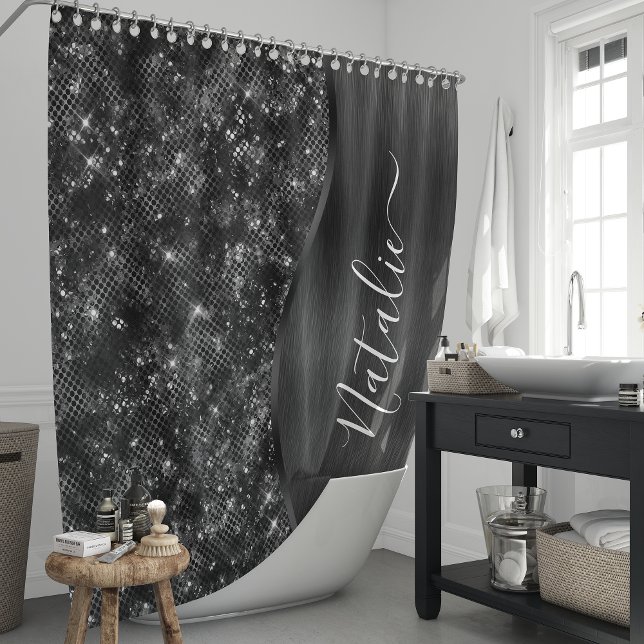 Metallic Black Glitter Personalized Shower Curtain (Creator Uploaded)