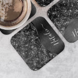 Metallic Black Glitter Personalized Square Paper Coaster<br><div class="desc">Easily personalize this black brushed metal and glamorous faux glitter patterned square paper coaster with your own custom name.</div>