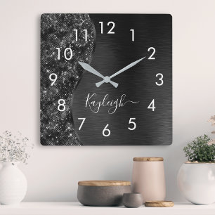 Metallic Black Glitter Personalized Square Wall Clock