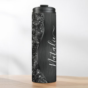 Metallic Black Glitter Personalized Thermal Tumbler