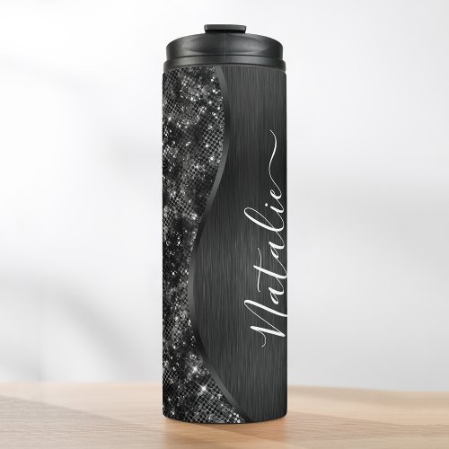  Metallic Black Glitter Personalized Thermal Tumbler