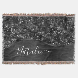 Metallic Black Glitter Personalized Throw Blanket