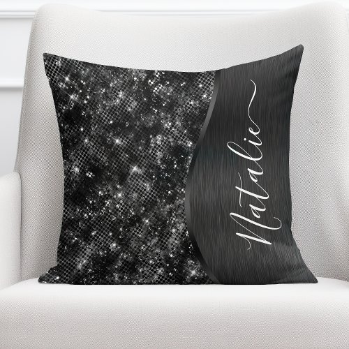 Metallic Black Glitter Personalized Throw Pillow