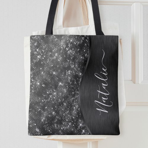 Metallic Black Glitter Personalized Tote Bag