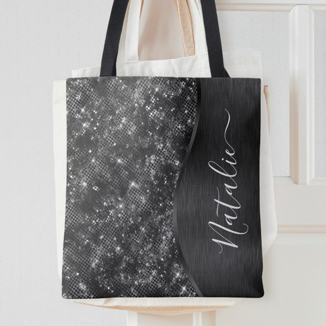 Metallic Black Glitter Personalized Tote Bag (Creator Uploaded)