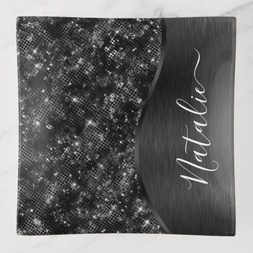 Metallic Black Glitter Personalized Trinket Tray