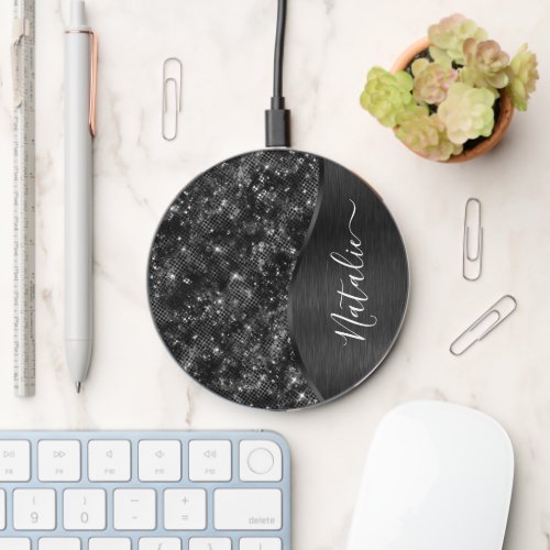 Metallic Black Glitter Personalized Wireless Charger