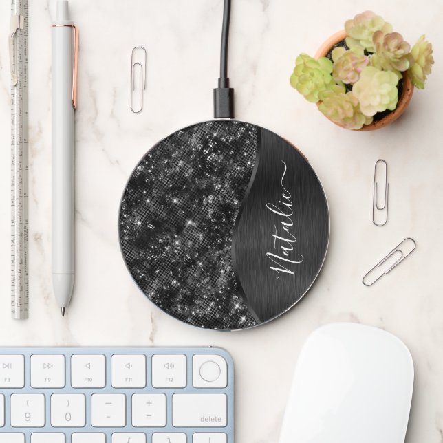 Metallic Black Glitter Personalized Wireless Charger (Desk)