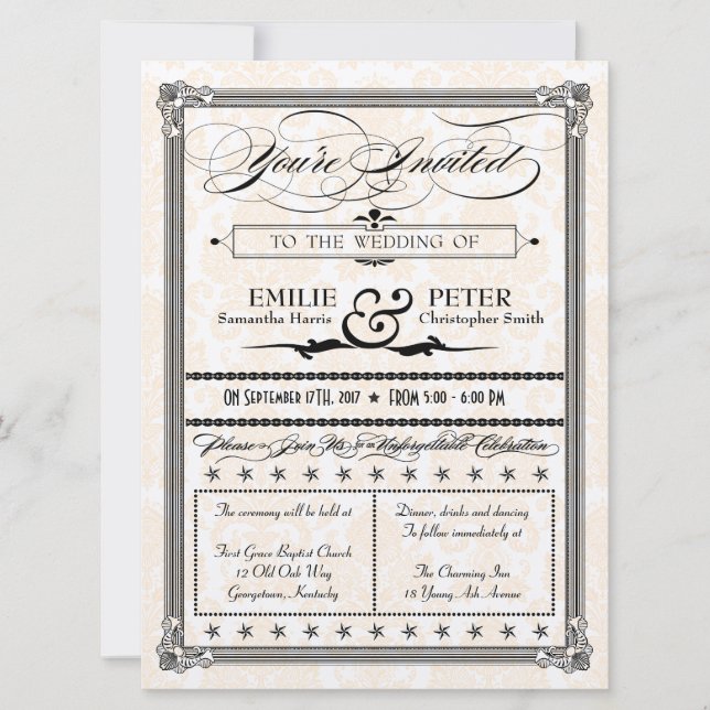 Metallic Black & Gold Damask Wedding Invite (Front)