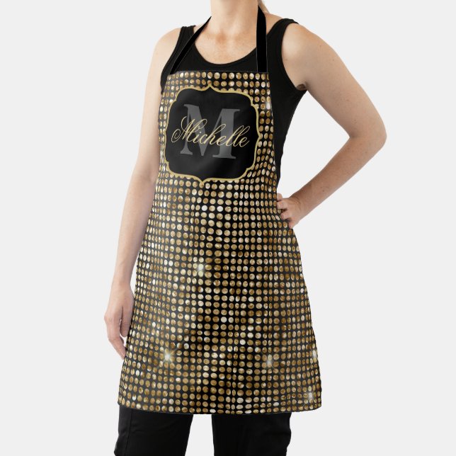 Metallic Black & Gold Glitter Glam Dots Monogram Apron (Insitu)