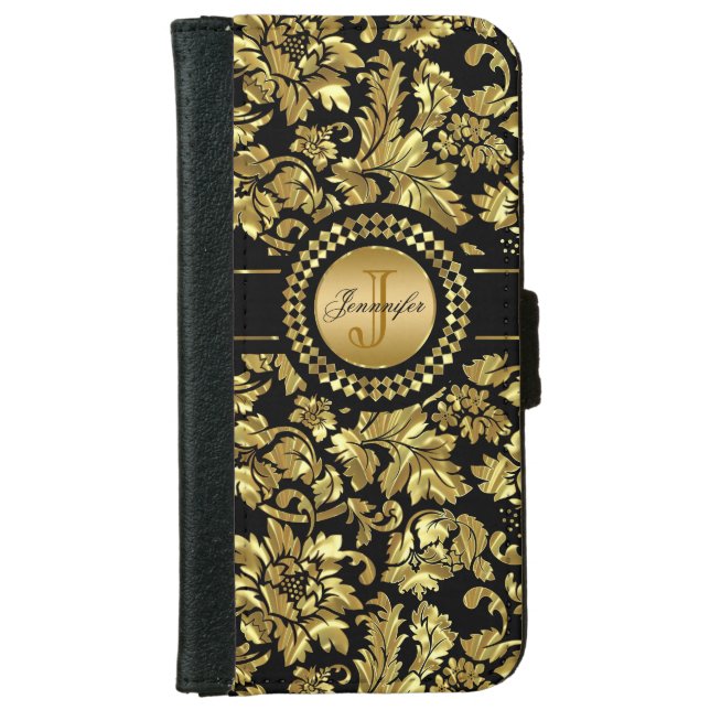 Metallic Black & Gold Vintage Damasks Monogram iPhone Wallet Case (Front)