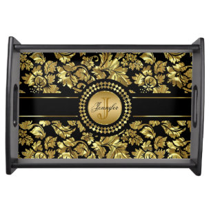 Metallic Black & Gold Vintage Damasks Monogram Serving Tray
