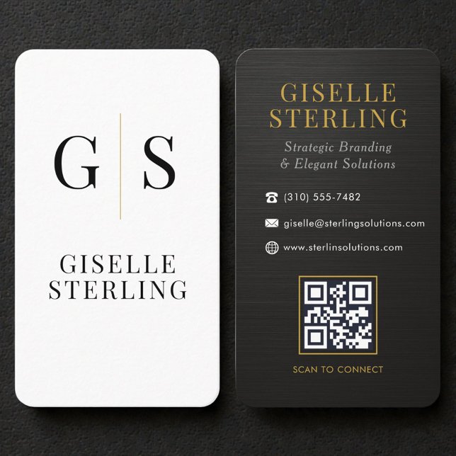 Metallic Black White Gold Monogram QR Code Business Card (Creator Uploaded)