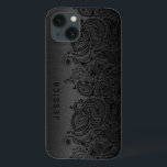 Metallic Black With Black Paisley Lace iPhone 13 Case<br><div class="desc">Black dark gray metallic design brushed aluminum look with black floral paisley lace. Customizable and optional monogram</div>