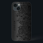 Metallic Black With Black Paisley Lace iPhone 13 Case<br><div class="desc">Black dark gray metallic design brushed aluminum look with black floral paisley lace. Customizable and optional monogram</div>