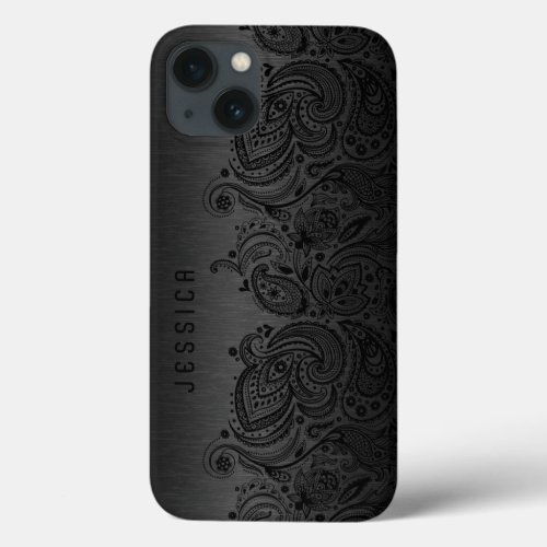 Metallic Black With Black Paisley Lace iPhone 13 Case