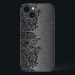Metallic Black With Black Paisley Lace iPhone 13 Case<br><div class="desc">Black dark gray metallic design brushed aluminum look with black floral paisley lace. Customizable and optional monogram</div>