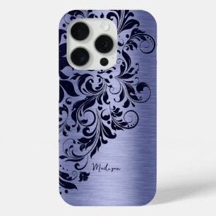 Metallic blue and dark-blue lace monogram iPhone 15 pro case