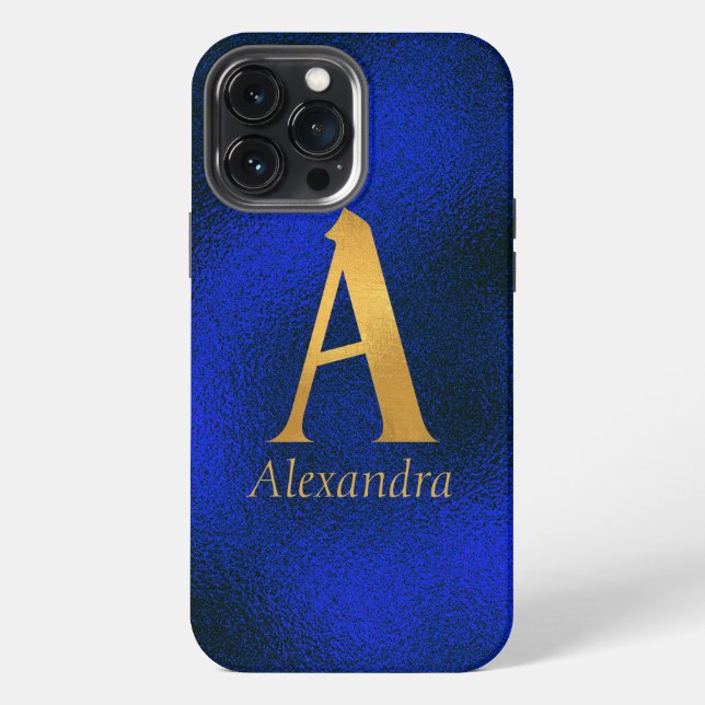 Metallic Blue and Gold Monogram A   Iphone Case (Back)