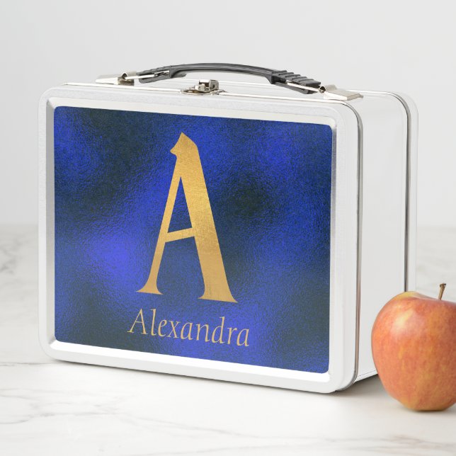 Metallic Blue and Gold Monogram A  Metal Lunch Box (In Situ)