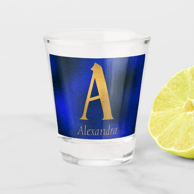 Metallic Blue and Gold Monogram A  Shot Glass (Front)