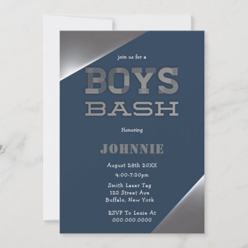 Metallic Blue and Silver Boys Bash Birthday Party Invitation