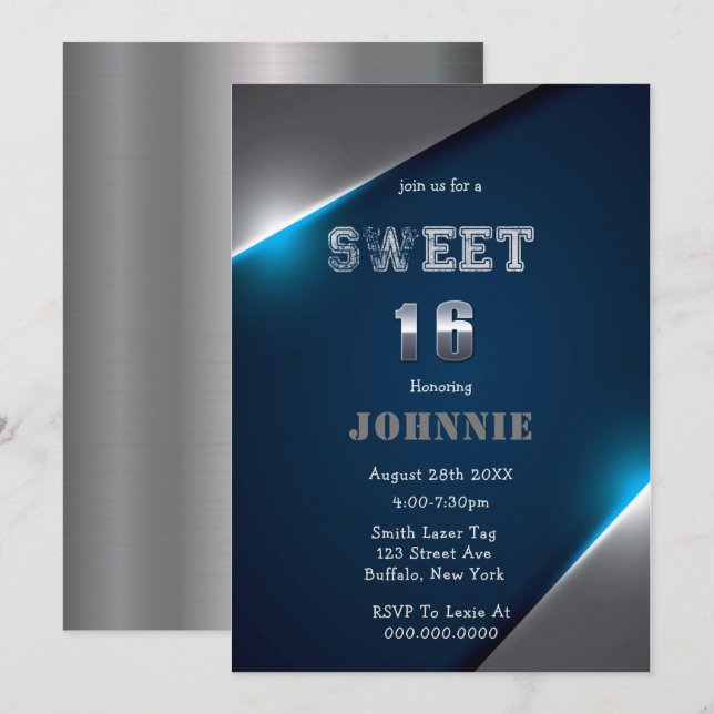 Metallic Blue and Silver Sweet 16 Birthday Party  (Front/Back)