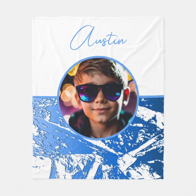 Metallic Blue and White Custom Photo with Name Fleece Blanket (Front)