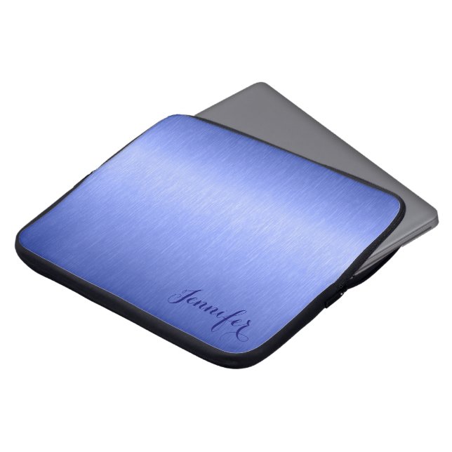Metallic Blue Brushed Aluminum Look Monogram Laptop Sleeve (Front Top)