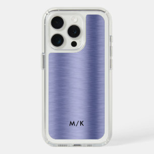 Metallic blue brushed aluminum texture monogram iPhone 15 pro case