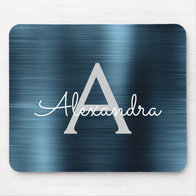 Metallic Blue Business Foil Monogram Name Mouse Pad (Front)