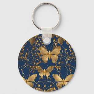 Metallic Blue Butterflies with Gold Vines Keychain