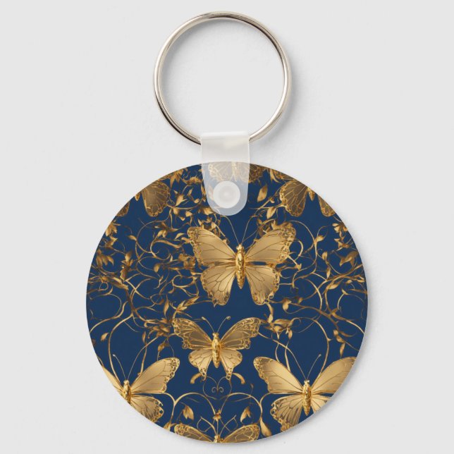 Metallic Blue Butterflies with Gold Vines Keychain (Front)