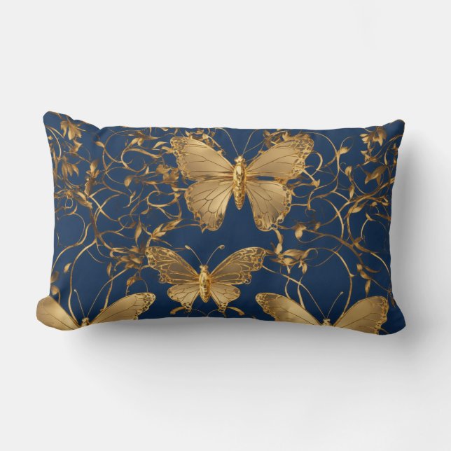 Metallic Blue Butterflies with Gold Vines Lumbar Pillow (Front)
